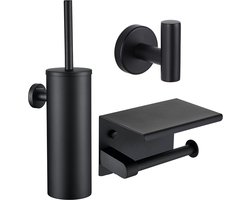 Toiletaccessoireset Zwart 3-delig - Toiletborstelhouder - Toiletborstel met Houder - Toiletrolhouder met Plankje - Handdoekhaak