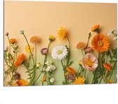 Dibond - Oranje met Witte Bloemen op Oranje Achtergrond - 100x75 cm Foto op Aluminium (Wanddecoratie van metaal)