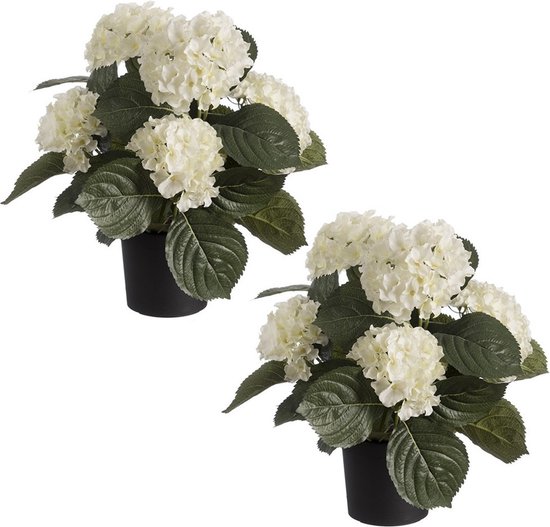 Set de 2x plantes artificielles d'hortensia blanc en pot plastique noir 44 cm - Hortensia - Décoration d'intérieur