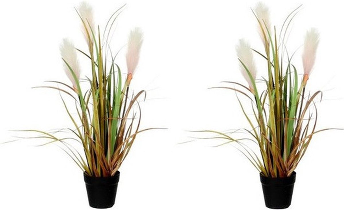 Mica Decorations Groen/bruine riet gras/pluimgras kunstplant 53 cm Siergras in zwarte plastic pot - 2x - Kunstplanten/nepplanten