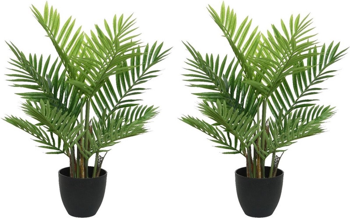 Bellatio Flowers & Plants 2x Groene Areca/goudpalm kunstplanten 73 cm in zwarte pot - Kunstplanten/nepplanten - Palmen