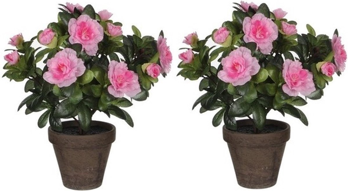 Mica Decorations Kunstplant - 2x - Azalea - groen/lichtroze - 27 cm - Met mooie bloemen