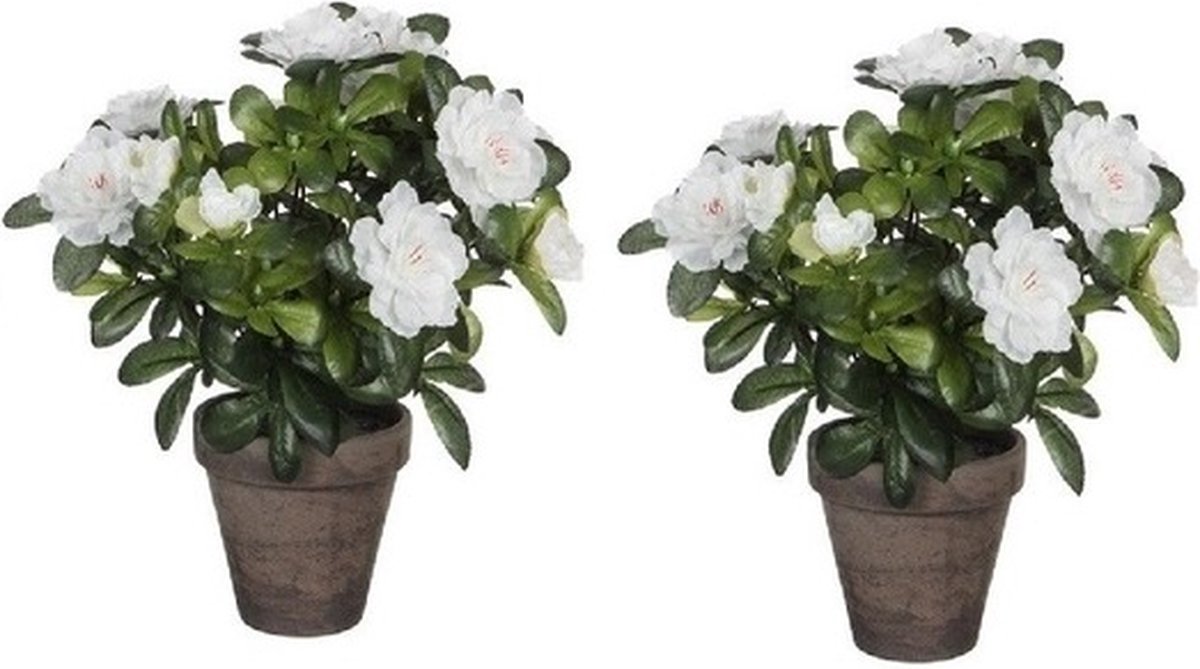 Mica Decorations Kunstplant - 2x - Azalea - groen/wit - 27 cm - Met mooie bloemen