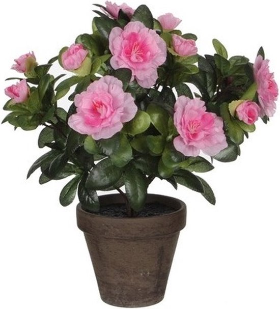 2x Groene Azalea kunstplant met roze bloemen 27 cm in pot stan grey - Kunstplanten/nepplanten