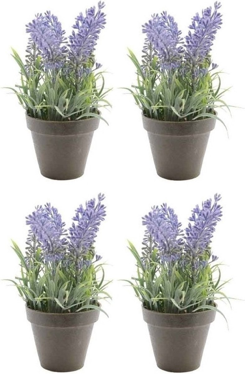 Bellatio Flowers & Plants Bellatio Kunstplant - 6x stuks - lavendel - paars - 17 cm - in pot - lavandula - Kunstplanten/nepplanten