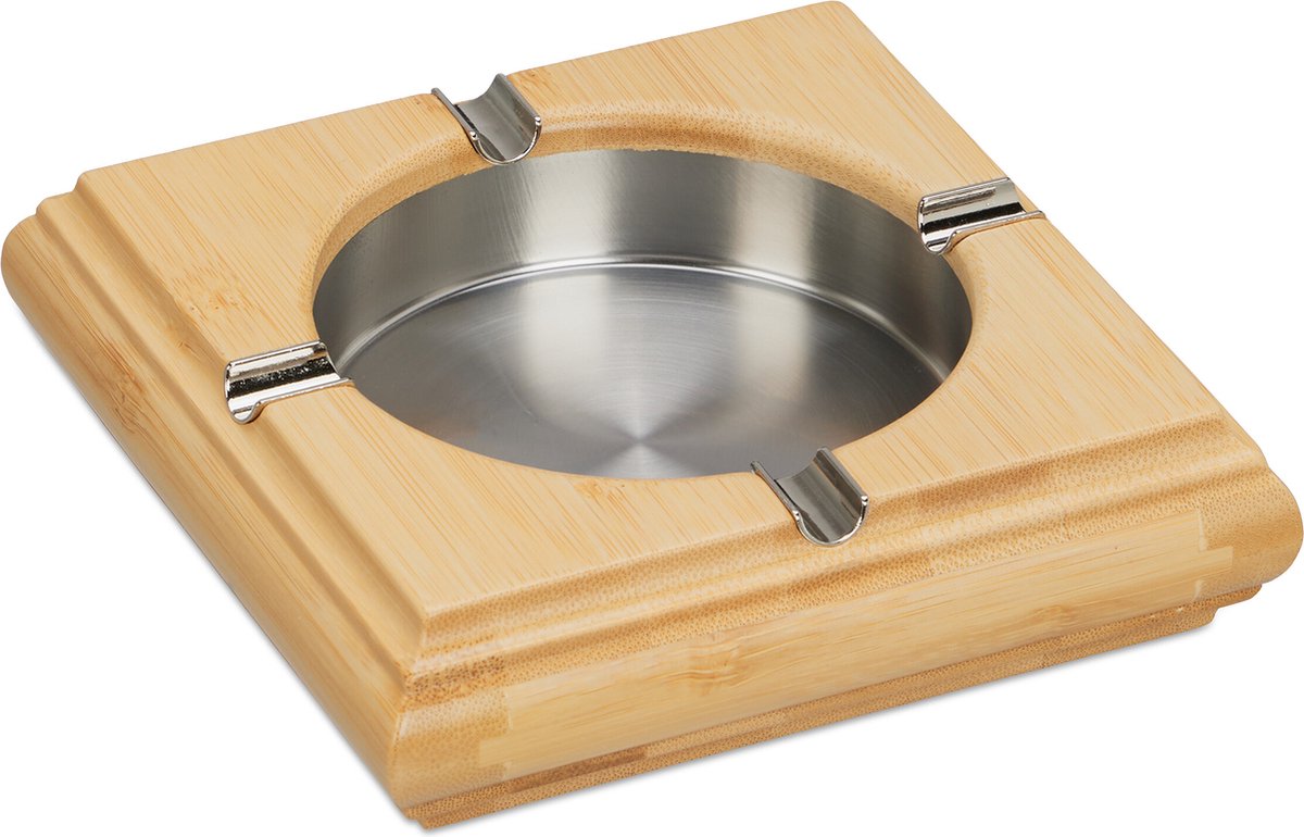 Goedkoopste asbak bamboe - buiten - café - rvs - 4 x 15 x 15 cm - vierkant