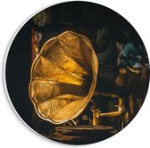 PVC Schuimplaat Muurcirkel - Gouden Glimmende Grammofoon - 20x20 cm Foto op Muurcirkel (met ophangsysteem)