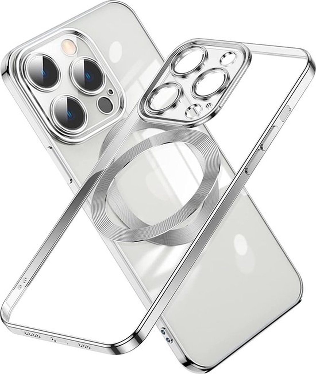 iPhone 14 Pro Max hoesje Magnetisch Met Lens beschermer – Transparant / Zilver - Magneet hoesje MagSafe Compatible Case cover iPhone 14 Pro Max.