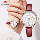 NAVIFORCE horloge met bordeaux rode lederen polsband, witte wijzerplaat en rosé gouden horlogekast voor dames met stijl ( model 5003 RGWR )