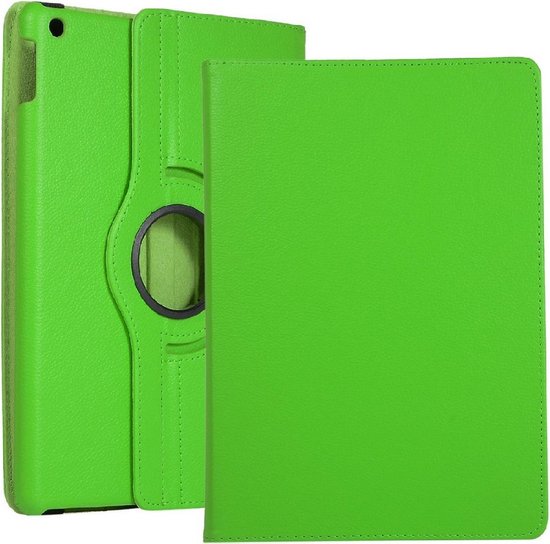 Étui de tablette vert, ouvert, avec une poignée de rotation centrale à l'arrière.
