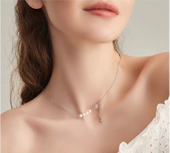 Fashion jewelry|Dames Ketting|Valentijns cadeau| gift|verrassing|Zespuntige ster|parel