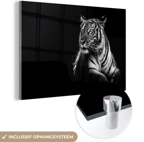 MuchoWow® Glasschilderij 90x60 cm - Schilderij acrylglas - Tijger - Dieren - Zwart - Wit - Foto op glas - Schilderijen
