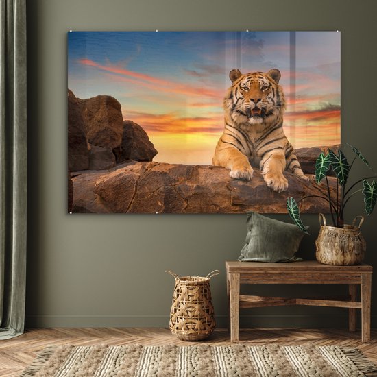 MuchoWow® Peinture sur verre - Tigre - Soleil - Rochers - 180x120 cm - Peintures sur verre acrylique - Photo sur Glas
