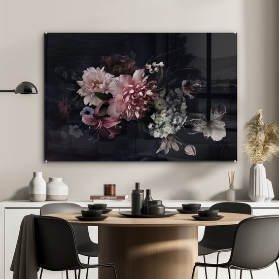 Peinture sur verre fleurs - Vintage - Pastel - Zwart - Bouquet - Peinture sur verre - Salon - 90x60 cm - Décoration fleurs - Décoration chambre - Décoration murale