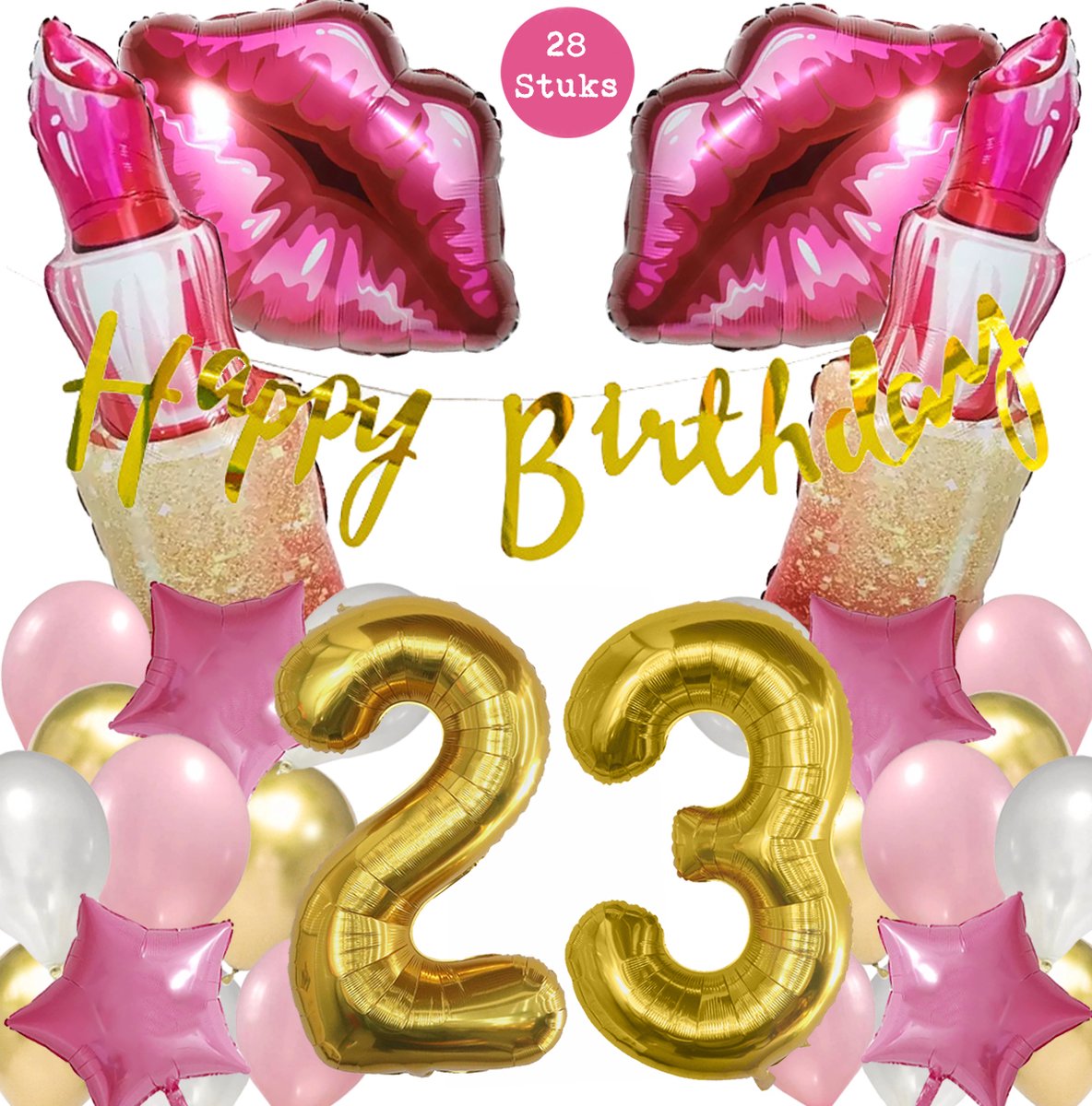 Snoes Mega Beauty Helium Ballonnen Set 23 Jaar - Roze Helium Folieballonnen - Slinger Happy Birthday Goud
