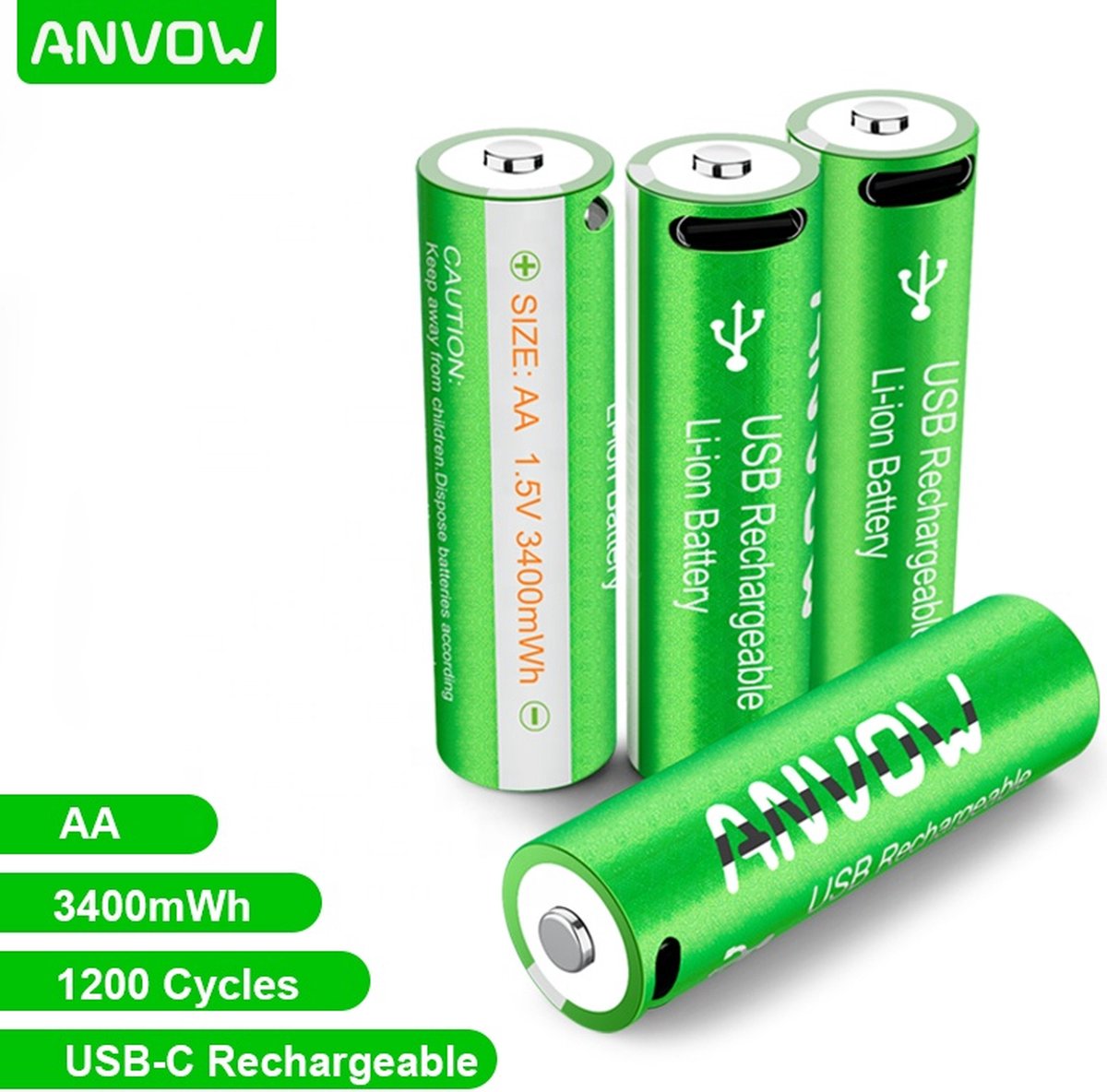 Anvow Li-ion AA Oplaadbare Batterijen 1.5V (4stuks) - Markt Leidend 3400 mWh Hoge Capaciteit met 4in1 Oplaadkabel -2 uur Snel Laden