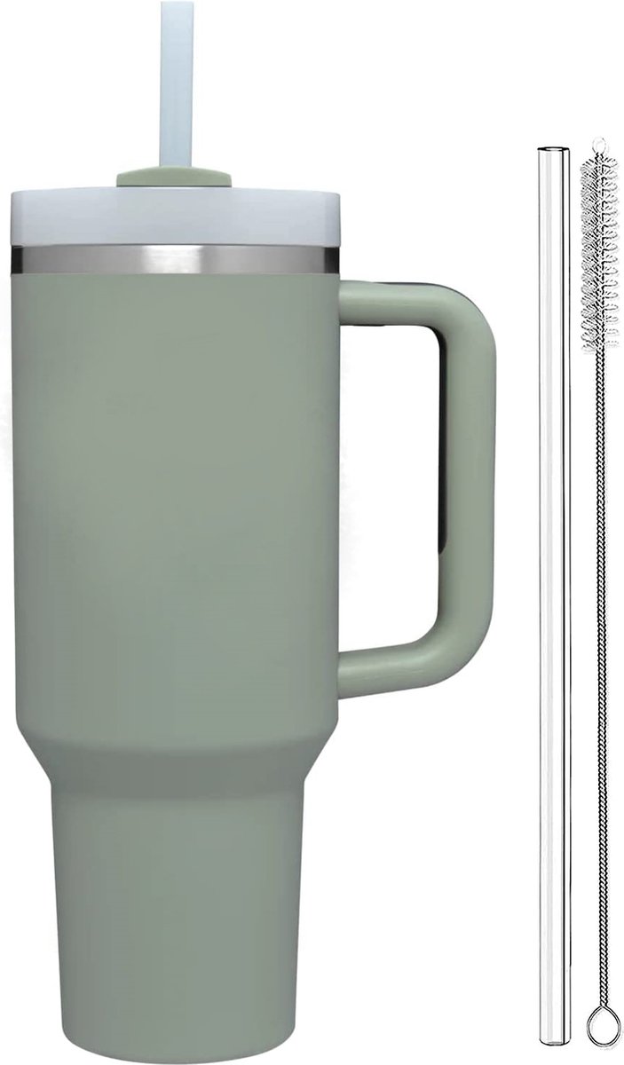 Drinkfles 1.2L met Handvat en Rietje - Waterfles - Drinkbeker - Volwassenen - Tumbler - Thermosbeker - Travel Mug - Koffie To Go - Koffiebeker - Geschikt voor in de auto, camping, fitness - Thermoskan - Bidon - Moederdag Cadeautje