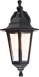Zwarte klassieke wandlamp met glazen panelen en zichtbare gloeilamp.