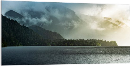 Dibond - Mist - Wolken - Bomen - Bossen - Bergen - Zee - Water - Oceaan - 200x100 cm Foto op Aluminium (Met Ophangsysteem)