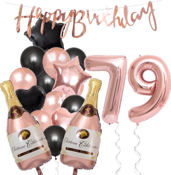 79 Jaar Verjaardag Cijferballon 79 - Feestpakket Snoes Ballonnen Pop The Bottles - Rose Zwart Versiering
