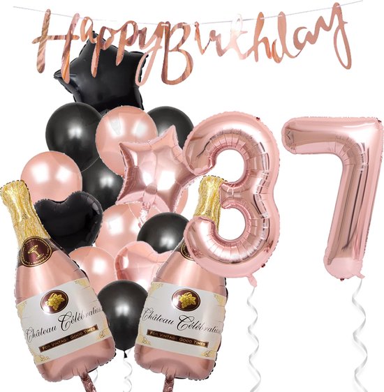 37 Jaar Verjaardag Cijferballon 37 - Feestpakket Snoes Ballonnen Pop The Bottles - Rose Zwart Versiering