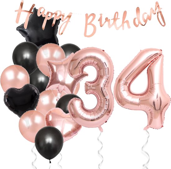 Snoes Ballonnen 34 Jaar Feestpakket – Versiering – Verjaardag Set Liva Rose Cijferballon 34 Jaar -Heliumballon