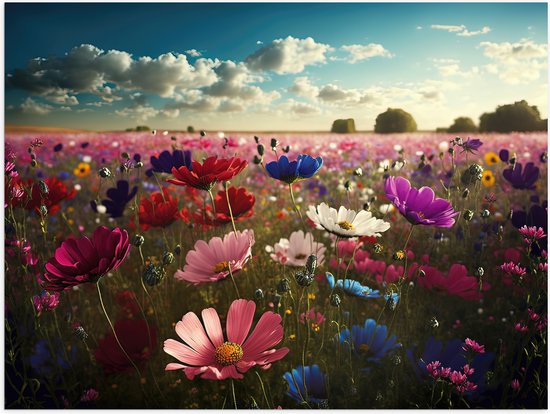 Poster Glanzend – Schapenwolken boven Veld Vol met Bloemen in Verschillende Kleuren - 80x60 cm Foto op Posterpapier met Glanzende Afwerking