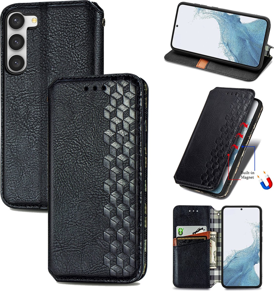 Luxe PU Lederen Ruitpatroon Wallet Case + PMMA Screenprotector voor Galaxy S23 _ Zwart