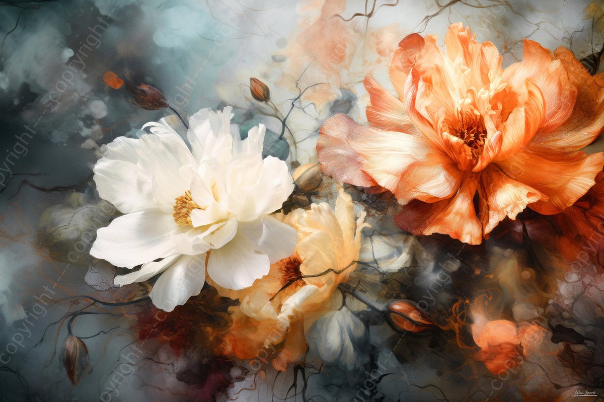 John Joseb Art (Canvas) 60x40 | Bloemen in abstract geschilderde stijl, kunst â woonkamer â slaapkamer | plant, oranje, wit, geel, blauw, grijs, modern | Foto-Schilderij print (wanddecoratie)