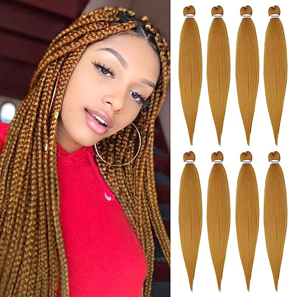 Frazimashop- Waterfall braid (Waterval extension) - 4 stuks -Professionele Pre-Stretched Braiding Hair – 26inch 65 cm – kleur 27# honing blonde– Extensions voor crochet en vlechten – Stijl Haar om te Vlechten