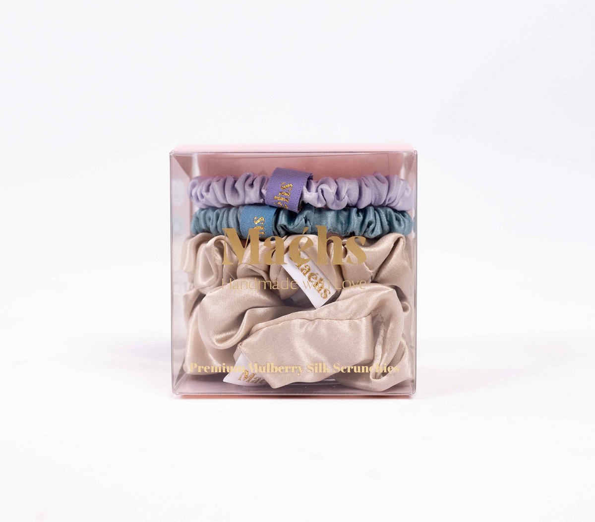 Maéhs Los Angeles Set van 4 mixed scrunchies 2x small medium, large haaraccessoires - haarelastiekjes - 100% moerbei zijde, kwaliteit 22 Momme - Kleur lavendel, ether, champagne - cadeautip