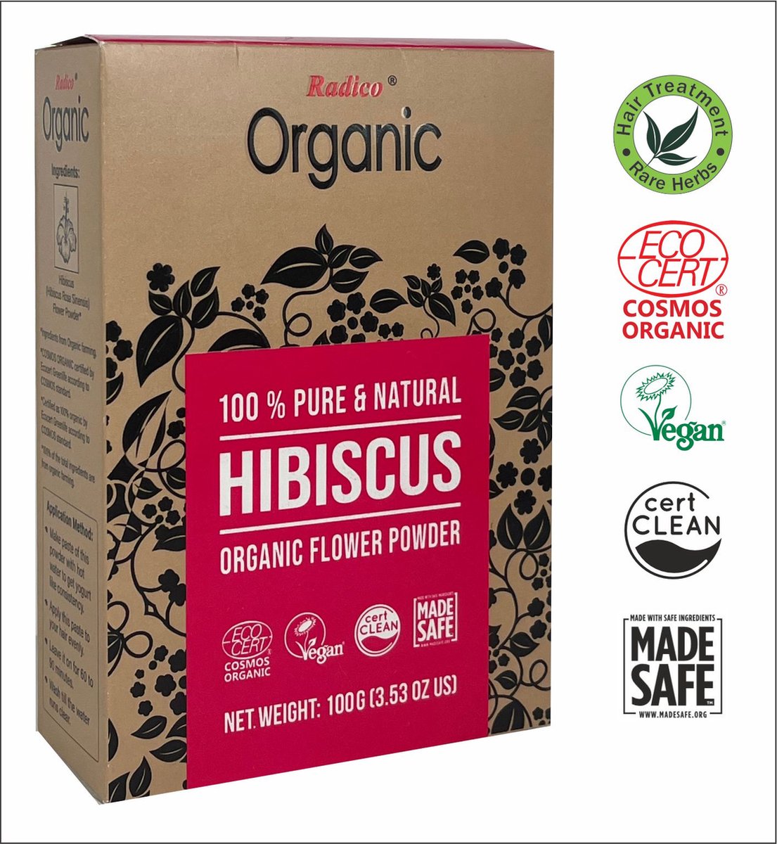 Radico ORGANIC HIBISCUS 100% Natuurlijke BIO Organic Vegan HAARGROEI, ANTI-ROOS, Kalmerende, TREATMENT VOEDENDE Haarmasker en SHAMPOO 3 in 1 met ECOCERT voor Vrouw en Man 100g