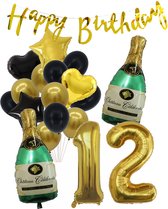 12 Jaar Verjaardag Cijferballon 12 - Feestpakket Snoes Ballonnen Pop The Bottles - Zwart Goud Groen Versiering