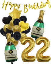 22 Jaar Verjaardag Cijferballon 22 - Feestpakket Snoes Ballonnen Pop The Bottles - Zwart Goud Groen Versiering
