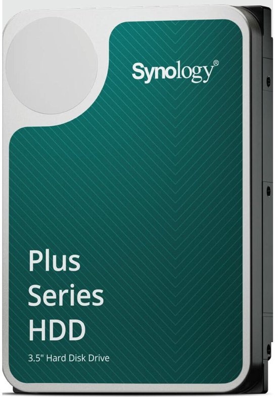 Synology Plus Series HDD 4TB harde schijf met een witte cirkel en een groen gestreept vlak.