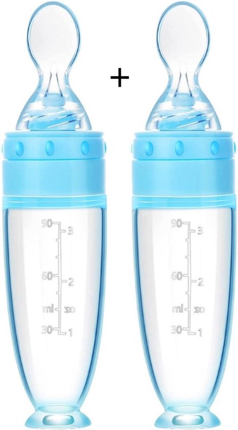 Babyflesje - Biberoia® 2x Knijpfles met lepel – Drinkfles - Baby / Kinderbestek - Kraamcadeau – Babyshower – Blauw