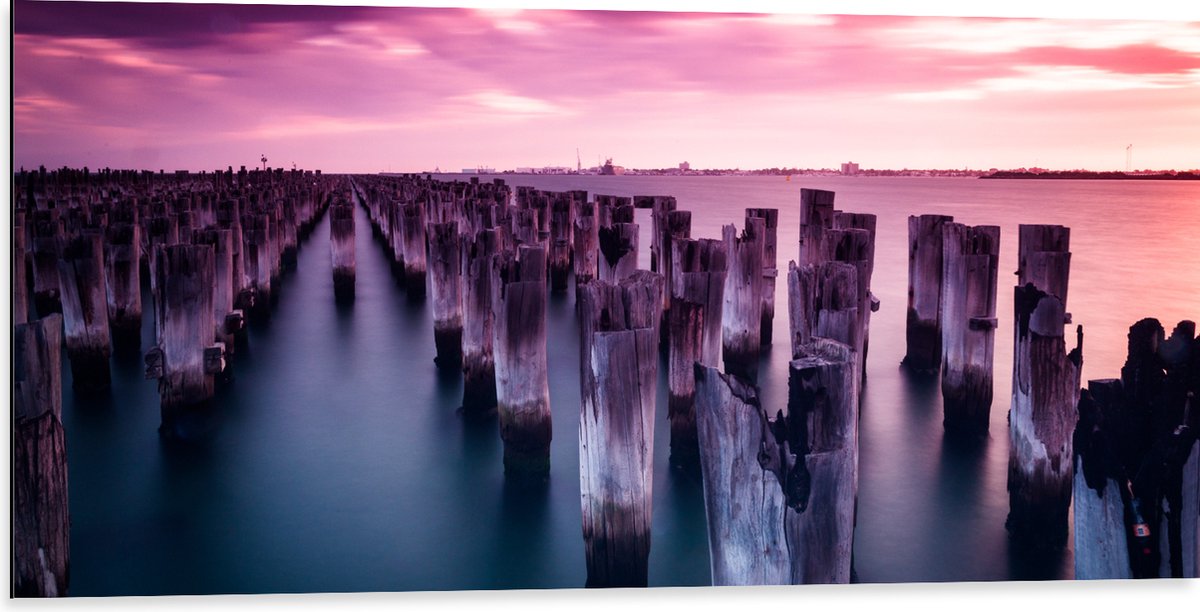 Dibond - Palen - Water - Hout - Zee - Kleuren - 100x50 cm Foto op Aluminium (Wanddecoratie