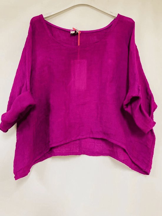 Luchtige linnen korte - crop top - ronde hals - raglan mouwen kleur Fuchsia- one size