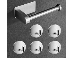 Toiletpapierhouder & handdoekhaak 5 stuks - toiletpapierhouder zonder boren - handdoekhouder wandhaak van roestvrij staal - voor badkamer toilet keuken kantoor, zilver