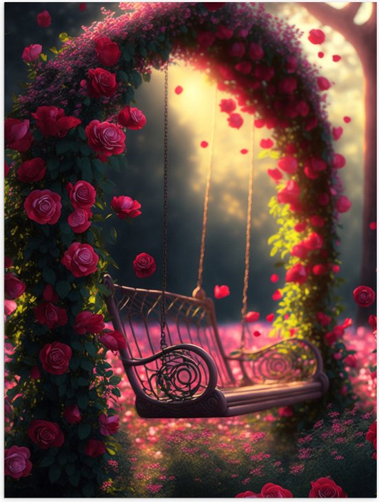 Poster Glanzend – Sierlijke Schommel aan Roze Bloemenboog - 30x40 cm Foto op Posterpapier met Glanzende Afwerking