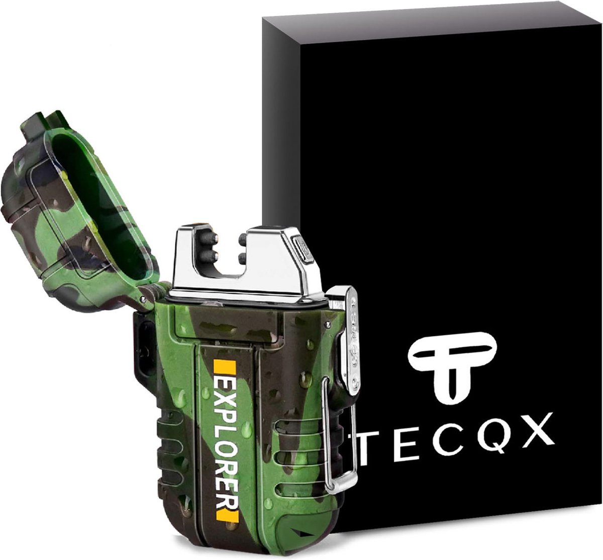 Goedkoopste TECQX Elektrische Explorer Plasma Aansteker - Oplaadbaar - Micro USB - Sigaretten en Vuurwerk aansteker - Storm, Regen, Sneeuw en Wind Proof - Waterdicht - Camouflage - Groen