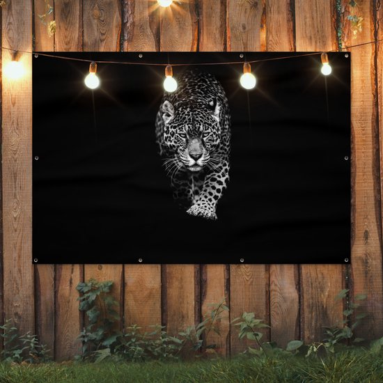 Décoration murale Animaux - Zwart - Léopard - Wit - Sauvage - 180x120 cm - Poster jardin - Toile jardin - Poster extérieur