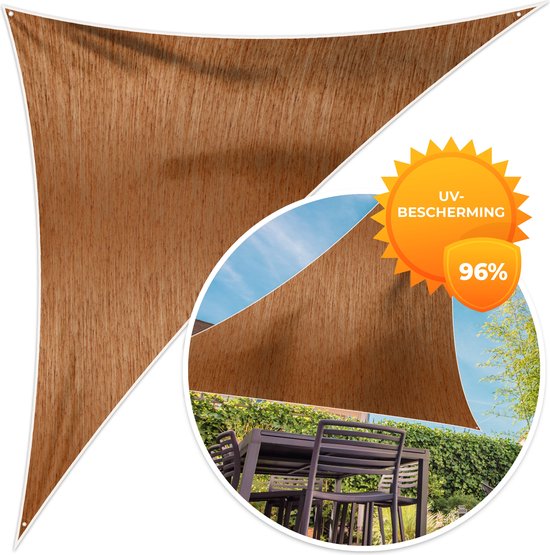 Driehoekig roestbruin schaduwdoek met houtnerfstructuur, 96% UV-bescherming.