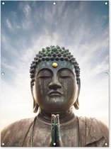 Tuinposter - Tuindoek - Tuinposters buiten - Boeddha hoofd - Buddha - Lucht - Spiritueel - Meditatie - 90x120 cm - Tuin