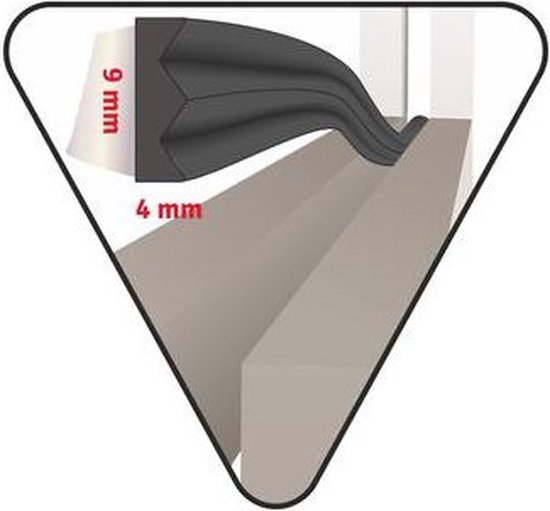 Doorsnede van witte E-profiel tochtstrip, 9 mm breed, 4 mm dik.