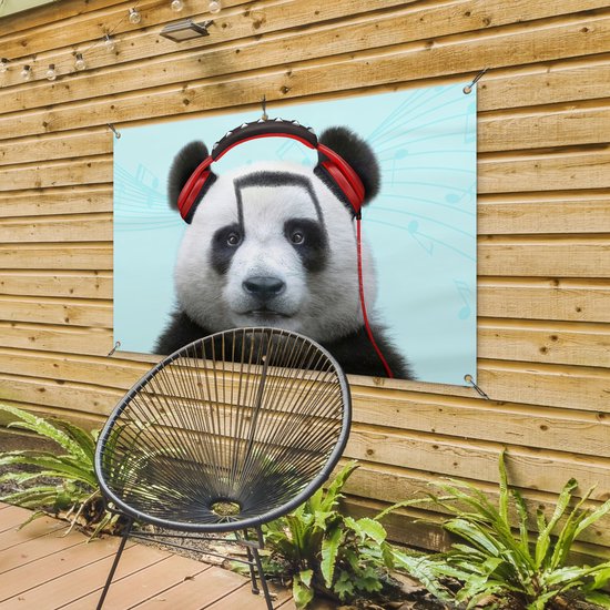 Affiche jardin - Toile jardin - Posters de jardin extérieur - Panda - Casque - Animal - Notes de musique - Rouge - 120x80 cm - Jardin