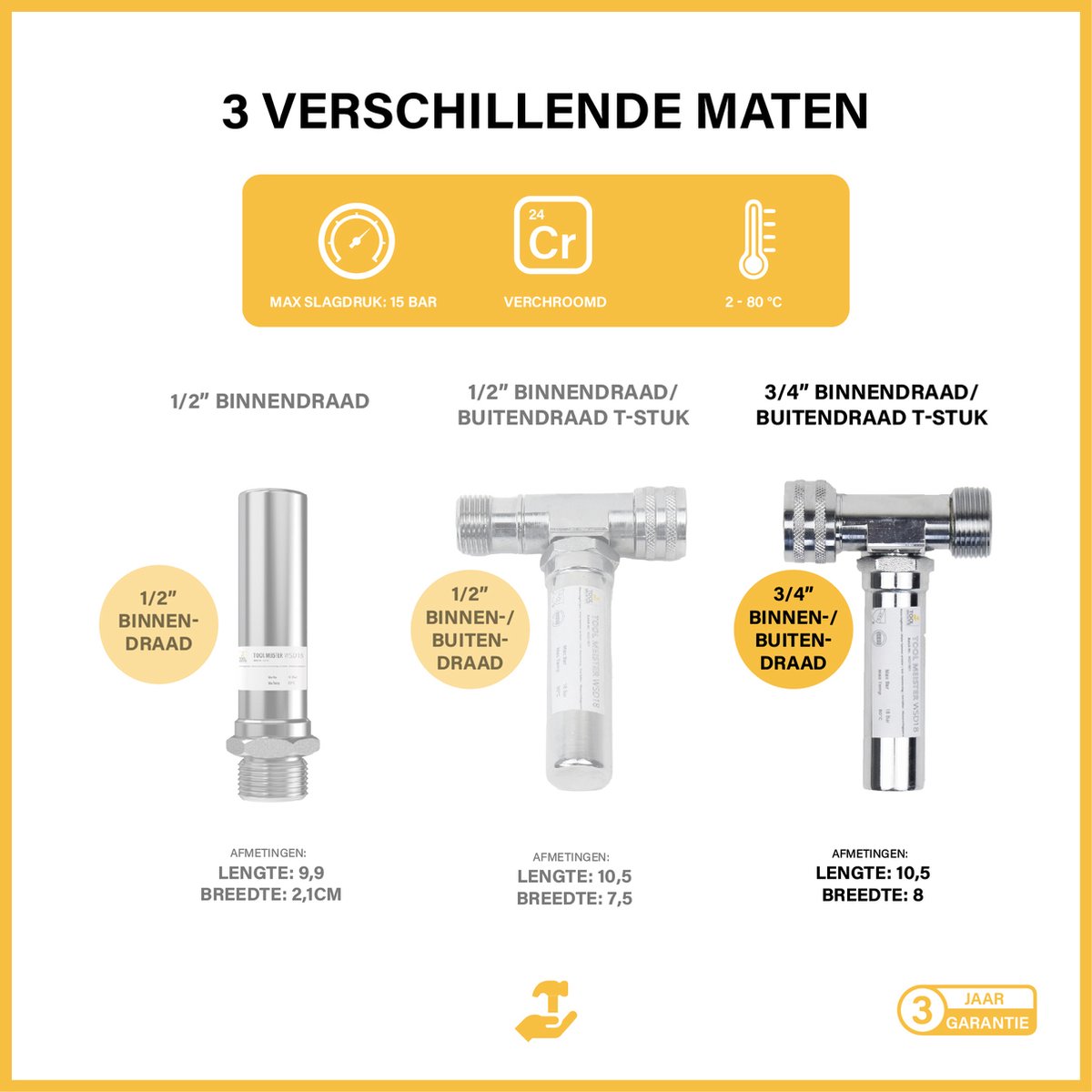 Tool Meister WSD18 Waterslagdemper 3/4 - Voor Wasmachine/Kraan/ed. - met T-stuk en Afdichtingstape - Verchroomd — afbeelding 7