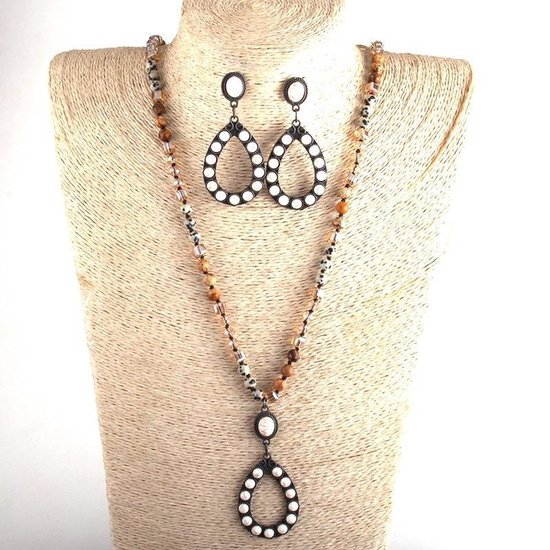 Sorprese Marble Boho crème - collier - y compris - boucles d'oreilles - collier de perles - pendentif goutte - 86 cm - cadeau - Modèle Z