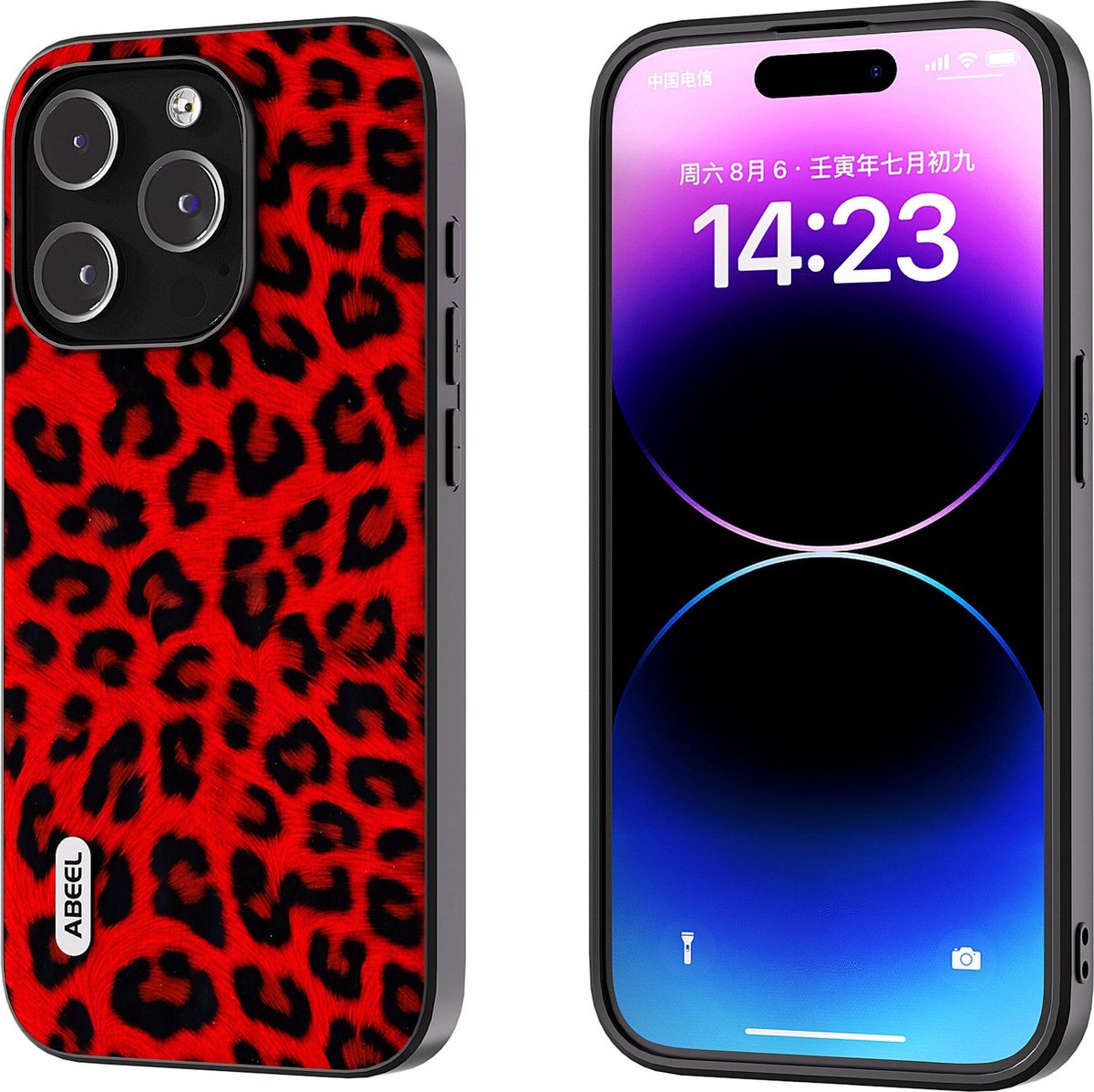 ABEEL TPU hoesje voor de iPhone 14 Pro Max met een Rode Luipaard print op achterzijde met zwarte randen