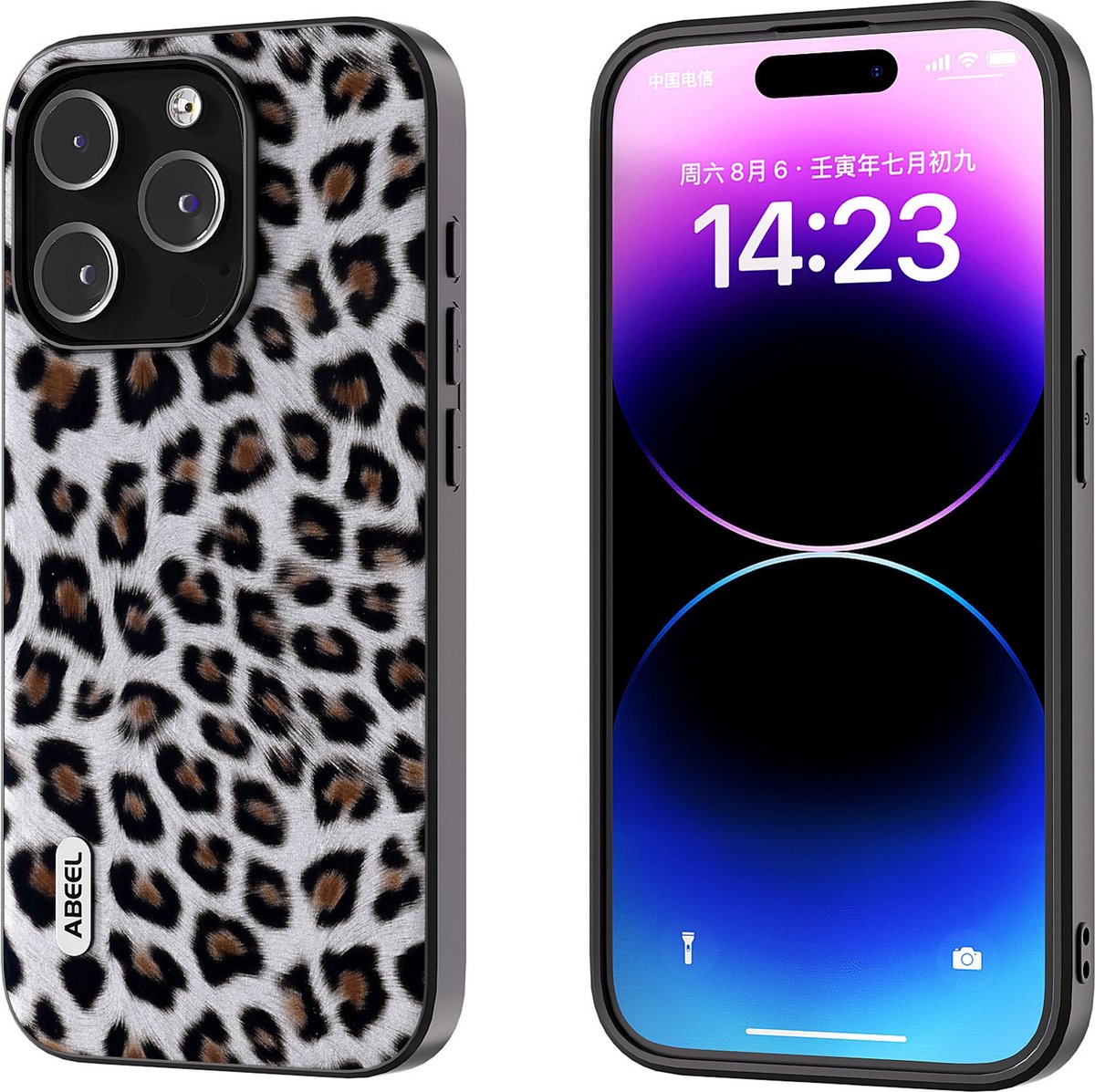 ABEEL TPU hoesje voor de iPhone 14 Pro met een Zilveren Luipaard print op achterzijde met zwarte randen